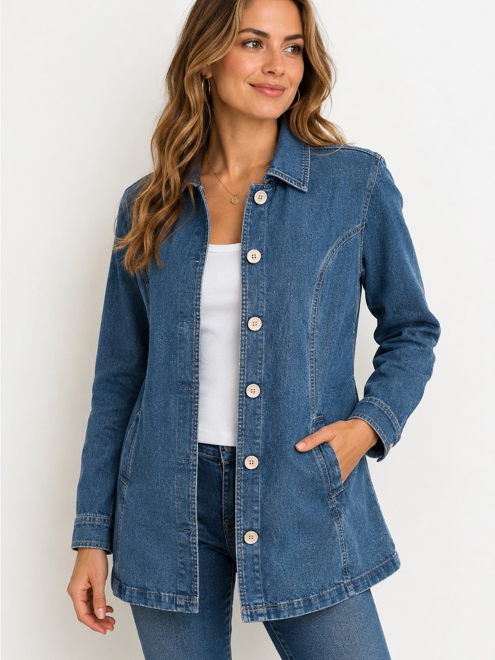 Tudor Court Women’s XL Denim Chore Jacket Blue Longline Button Front 100% Cotton